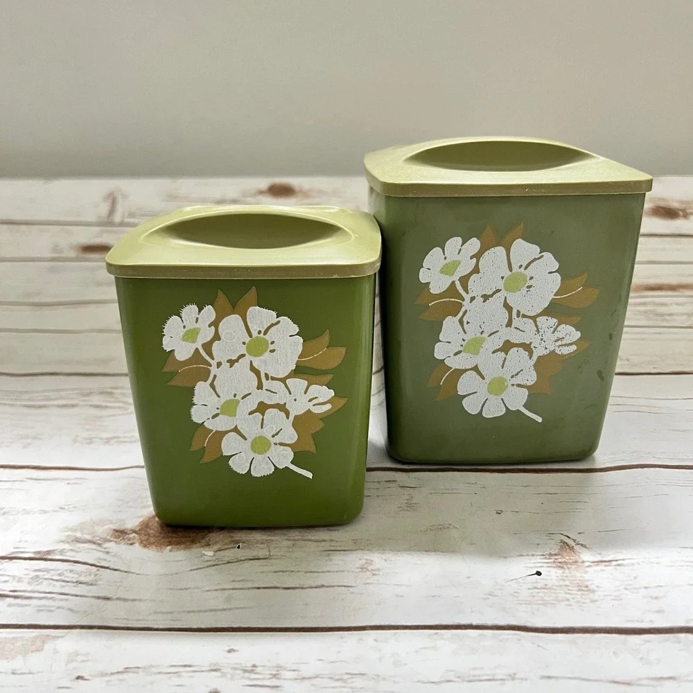 Vintage Plastic Floral Canister Set Avocado Green Retro Daisy 70s Kitchen 2pc